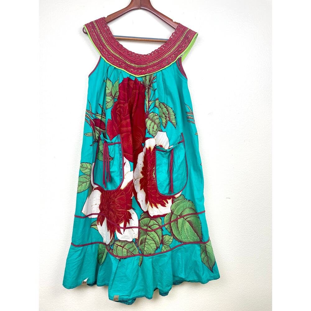 Handmade Womens Dress Sz L Cotton Sleeveless Artsy‎ Colorful Boho Tropical Midi